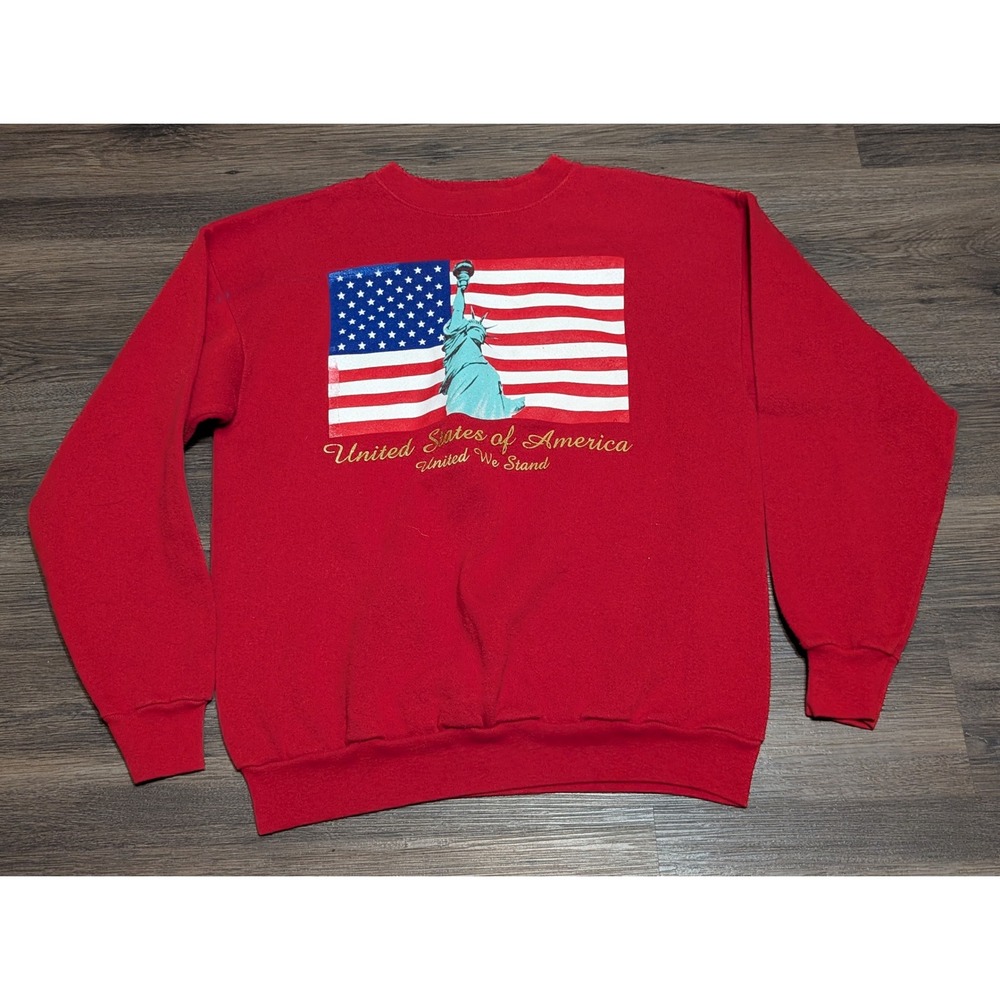 Vintage Tultex Red Statue of Liberty USA Flag Sweatshirt Medium Patriotic READ